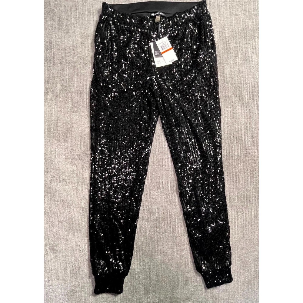 Cable & Gauge Womens XS Black Sequin Jogger Pants Tapered Leg CSBT01068M